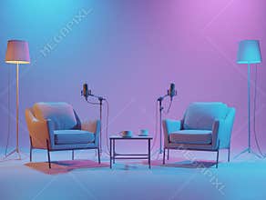 Minimalist podcast studio with two chairs, microphones, coffee mugs, and soft lighting Pastel blue-purple gradient background and