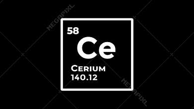Cerium, chemical element of the periodic table graphic animation. Alpha channel. Transparent background motion design