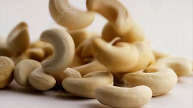 Slow motion close-up of raw cashew nuts falling onto a large pile against a clean white background