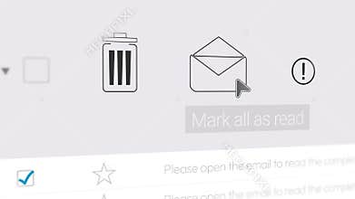 Email Interface Showing Cursor Clicking \'Mark All as Read\' with Envelope Icon and Trash Bin