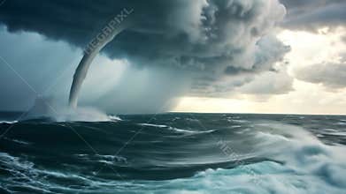 Massive Ocean Tornado with Storm Clouds and Violent Waves