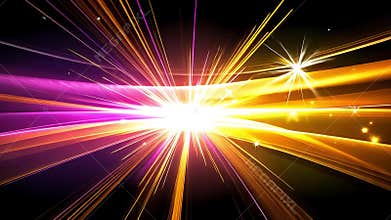 Vibrant gold and purple light streaks burst from a central point, adorned with sparkling stars on a dark backdrop
