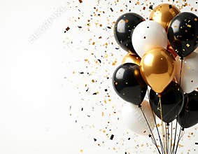 Black gold balloons with confetti on white background. Celebration party festive event decor. Birthday wedding party design with