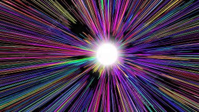 Colorful rays are converging into a bright white light source creating a vibrant and dynamic visual effect against a black
