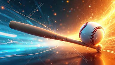 Dynamic illustration of baseball bat ball, vibrant colours, motion. Sport concept design dynamic action, energy, light, graphic