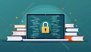 Laptop security lock icon displayed. Books, documents around laptop symbolize cybersecurity, data protection digital learning