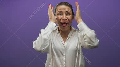 Middle aged woman in white blouse covers mouth with hands against a vibrant purple studio wall; surprise joy amazement excitement