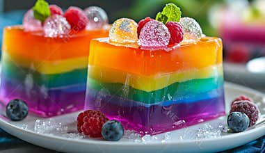 Colorful dessert made from fruit jelly and frozen juice that sparkles in the light. The vibrant layers and refreshing