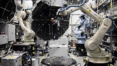 Inside Satellite Antenna Calibration Range Showcasing a Complex Setup With Robotic Arms Manipulating Satellite Antenna Captures