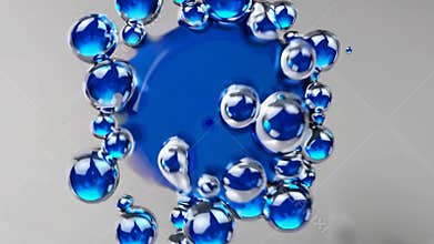 Shiny blue and white spheres are rotating around a central blue nucleus, creating a dynamic and visually appealing microscopic