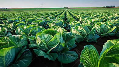 Extensive cabbage crops stretch across the farmland, showcasing vibrant green leaves