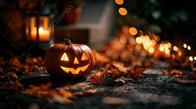 Spooky Halloween Pumpkin Glows with Fall Leaves and Lights
