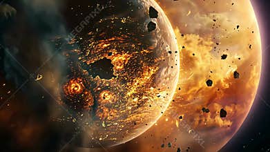 A planet is being consumed by flames amidst a cosmic explosion, surrounded by