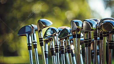 A set of shiny golf clubs stands together, reflecting the sunlight, with a lush green