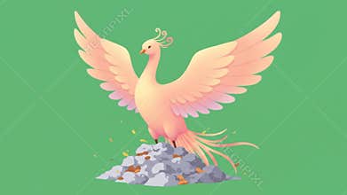 Phoenix Bird Rising From Ashes Graphic Illustration on Green
