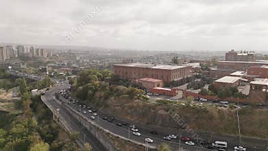 Yerevan, Armenia - 20th october, 2024: aerial top view Yerevan Ararat Brandy Factory buildings. Ararat museum. Vehicles in traffic