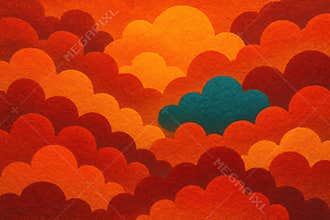 Vibrant abstract landscape featuring a teal cloud amidst a warm palette of red and orange hues