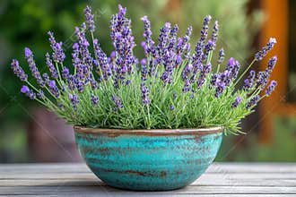 Vibrant lavender blooms flourish in a rustic teal ceramic pot on a weathered wooden surface