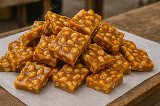 Homemade peanut brittle squares stacked on parchment paper showcasing crunchy caramelized texture and nutty candy treat, AI