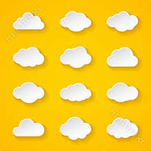 Twelve white paper clouds with different shapes