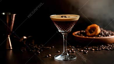 Elegant espresso martini presentation with coffee beans and orange zest in a luxurious setting