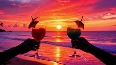 Beachfront Sunset Drinks, Romantic Evening, Coastal Chill, Golden Hour. Perfect for resorts, couples travel, celebratory