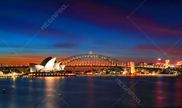 Sydney Opera House and Harbour Bridge at sundown