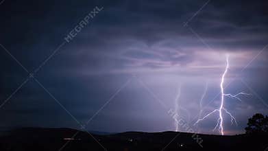 Dramatic Lightning Storm Strikes Over Dark Landscape at Night