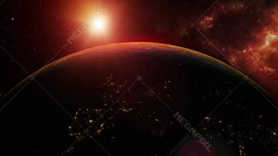 Sunrise.Planet earth in space, stars and sun. Planetarium.