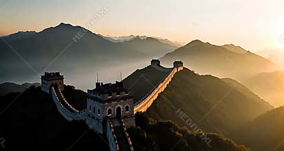 Mystical Great Wall of China in Morning Mist