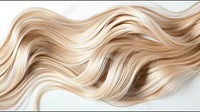 Blond hair extensions lying on a white background, creating a beautiful and elegant pattern with soft waves, perfect for beauty