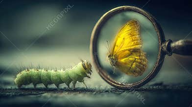 A caterpillar observes a butterfly through a magnifying glass in a moment of wonder.