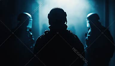 Police Officers In Uniform Standing In Dark Room In Close-Up Shot