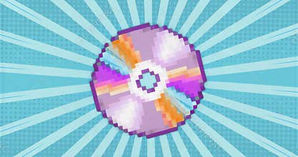 Scene load triggers pixel-art disc rotating clockwise each second over stripes for subtle effect