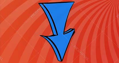 On appearing, blue 3D arrow rotating clockwise revealing side for emphasis on red-striped backdrop