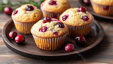 Close-Up Top View Of Cranberry Muffins On Wooden Plate