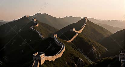 Golden Hour Majesty: Ancient Great Wall of China in Lush Mountain Landscape