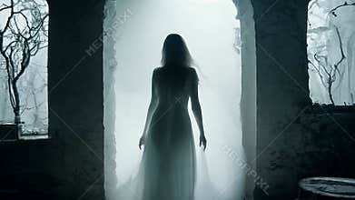 A creepy ghostly apparition in human form moves through an old haunted house