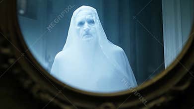 A creepy ghostly apparition in human form moves through an old haunted house