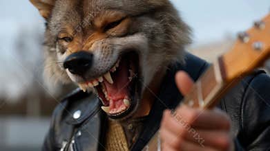 Intense rock performance by man in wolf mask playing electric guitar on rooftop