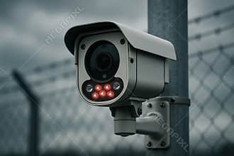 Outdoor surveillance camera with infrared night vision lights mounted on a pole near metal security fencing under cloudy sky, AI