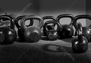 Kettlebells weights in a workout gym