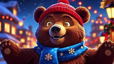 Cute winter bear animation, cozy holiday cycle.
