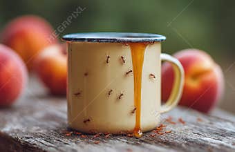 Ants climbing mug covered in honey with peaches in background