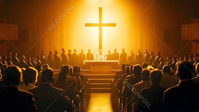 Generative AI Vibrant Church Gathering with Illuminated Cross and Community Worship business concept.