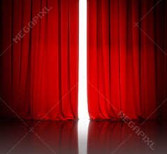 Red theater or cinema curtain slightly open and white light