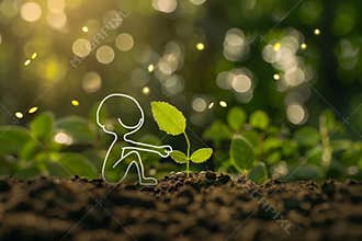 stick figure with a smile on his face, is planting small plant seeds