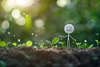 stick figure with a smile on his face, is planting small plant seeds