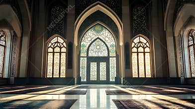 Generative AI Sunlit Mosque Interior with Intricate Stained Glass and Arched Structures business concept.