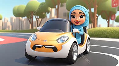 A Cheerful Animated Girl Driving Cheerfully in a Small, Colorful Cartoon Car Happily